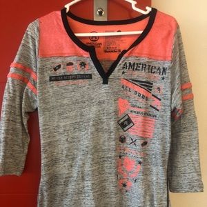 “American Fighter” 3/4 sleeve womens tee, sz lg in grey, black and coral